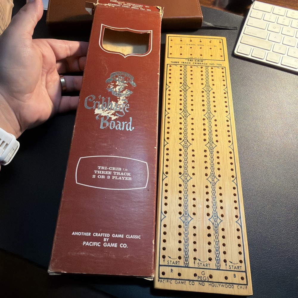 Cribbage Board Pacific Game Co Original Box + Instructions Tri-Crib Wood. No PG!